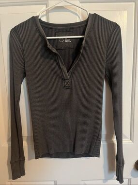 Aerie Ribbed Long-Sleeve Henley Top - Dark Gray